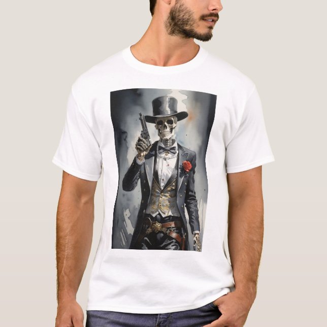 Camiseta Esqueleto com smoking preto segurando um revólver (Frente)