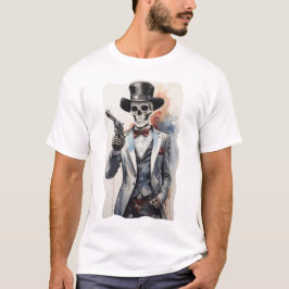 Camiseta Esqueleto com smoking segurando um revólver
