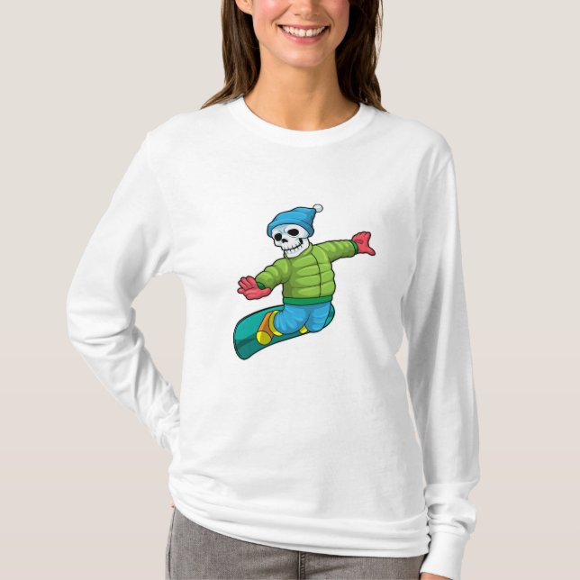 Camiseta Esqueleto como Snowboarder com Snowboard (Frente)