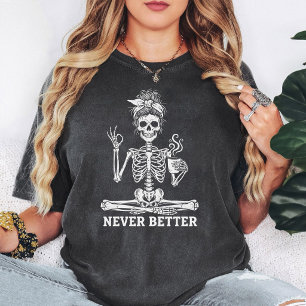 Camiseta Esqueleto Coque Desgrenhado Amante de Café Nunca M
