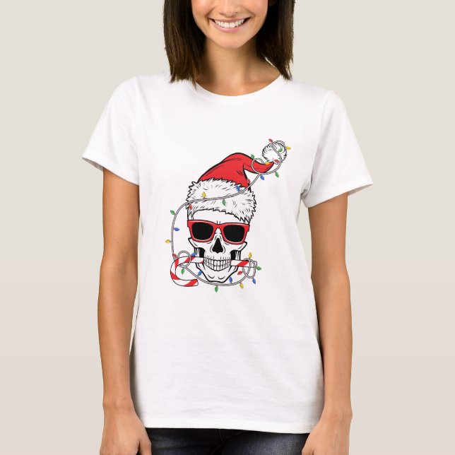 Camiseta Esqueleto-Craniano-Com-Luzes-De-Natal (Frente)