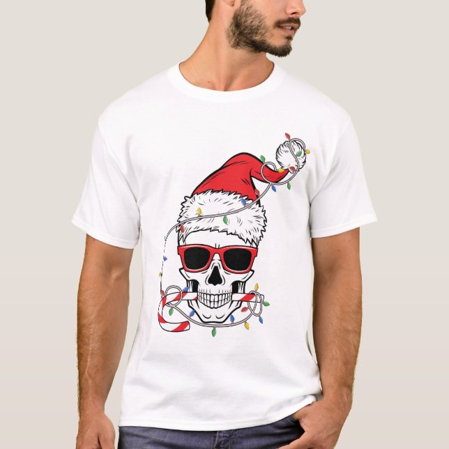 Camiseta Esqueleto-Craniano-Com-Luzes-De-Natal (Frente)