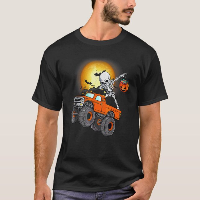 Camiseta Esqueleto Dabbing Caminhão Monstro Halloween Menin (Frente)