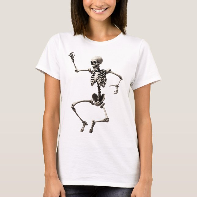 Camiseta Esqueleto dançando numa pose dinâmica (Frente)