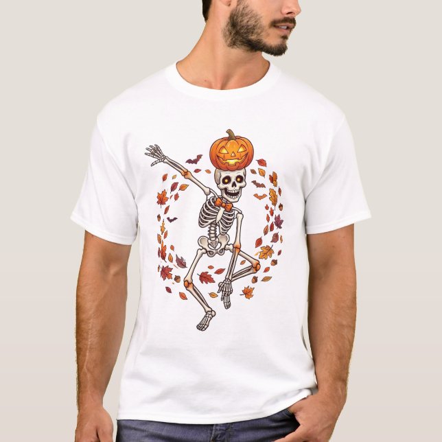 Camiseta Esqueleto Dançante de Halloween Cabeça de Abóbora  (Frente)