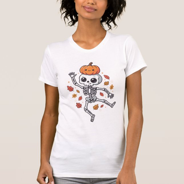 Camiseta Esqueleto Dançante de Halloween Fofo com Cabeça de (Frente)