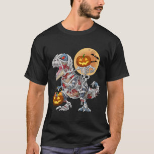 Camiseta Esqueleto de Abóbora Montando Múmia Dinossauro Zum