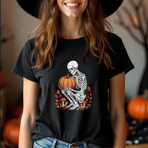 Camiseta Esqueleto de Amor de Outono Abraçando Abóbora