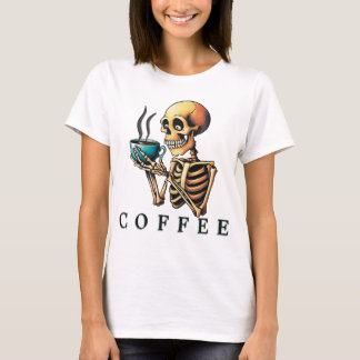 Camiseta Esqueleto de Bebendo de café - Desenho Quirky e Sp