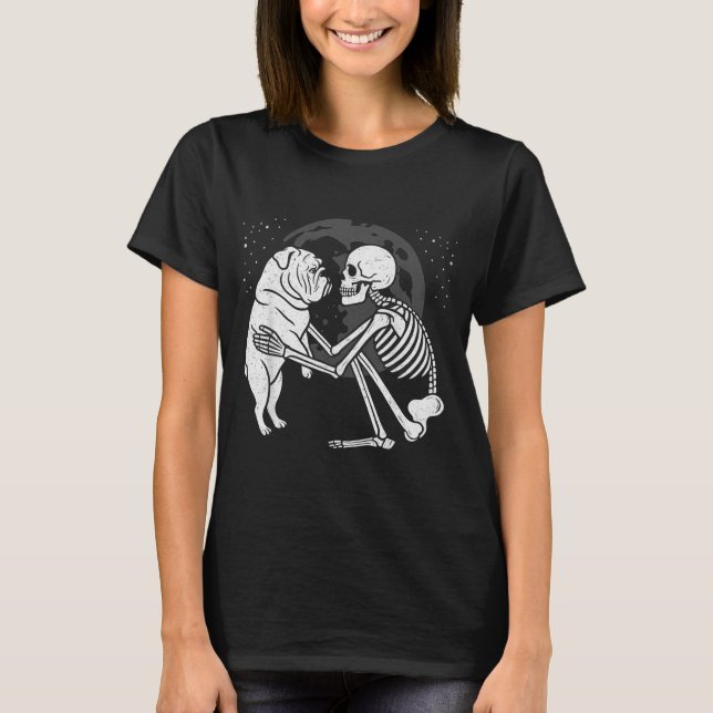 Camiseta Esqueleto de Bulldog Inglês Lua Halloween Amante d (Frente)