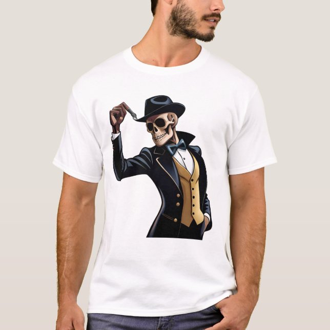 Camiseta Esqueleto de dança legal com chapéu preto branco (Frente)