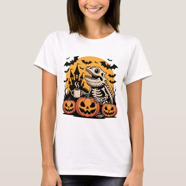 Camiseta Esqueleto de Dinossauro Halloween com Café (Frente)