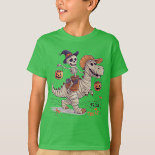 Camiseta esqueleto de doces ou travessuras montando dinossa