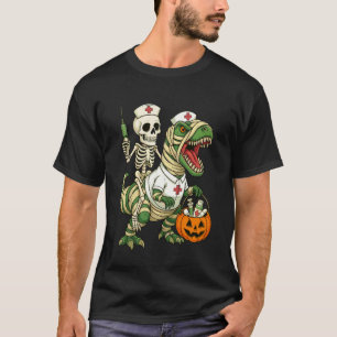 Camiseta Esqueleto de Enfermeira Montando Dinossauro Múmia