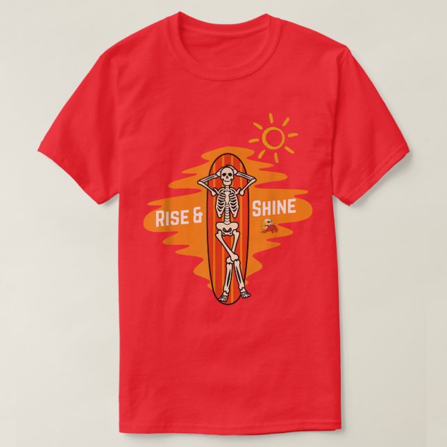 Camiseta Esqueleto de férias de verão na praia e surfboard (Frente do Design)