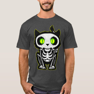 Camiseta Esqueleto De Gato Assustador Com Olhos Brilhantes
