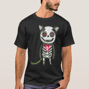 Camiseta Esqueleto de gato assustador olhos de botão costur