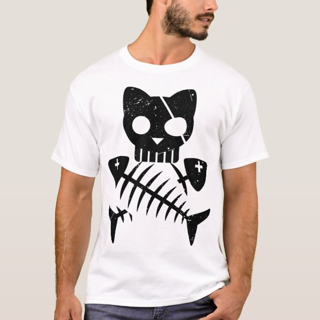 Camiseta Esqueleto de Gato e Peixe para a Noite de Hallowee (Frente)