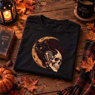 Camiseta Esqueleto de Gato Preto Crânio Lua Halloween