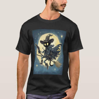 Camiseta Esqueleto de Gato Preto Usando Chapéu de Bruxas Mo
