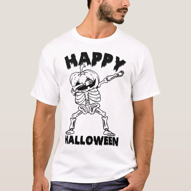 Camiseta Esqueleto de Halloween com Abóbora - Feliz Hallowe (Frente)