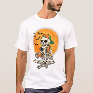 Camiseta Esqueleto de Halloween Gamer Lua Vídeo Jogos Menin