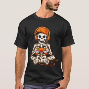 Camiseta Esqueleto de Halloween Gamer Video Jogos Meninos H