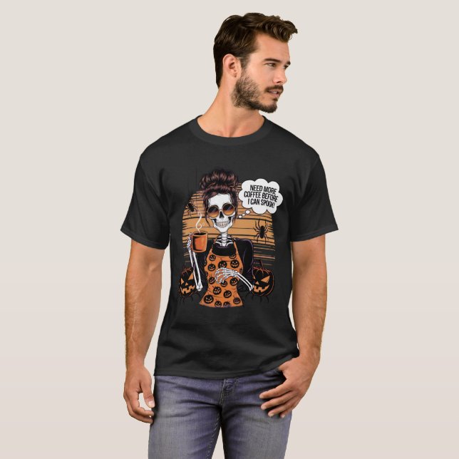 Camiseta Esqueleto de Halloween molho de café bagunçado (Frente Completa)