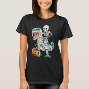 Camiseta Esqueleto de Halloween Montando Múmia Rex Dinossau