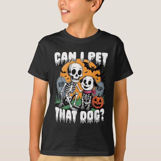 Camiseta Esqueleto de Halloween Posso Acariciar Esse Cachor (Frente)