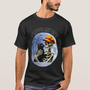Camiseta Esqueleto de Halloween segurando um gato sob a lua