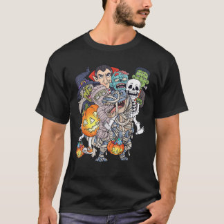 Camiseta Esqueleto de Halloween Zumbi Montando Múmia T Rex