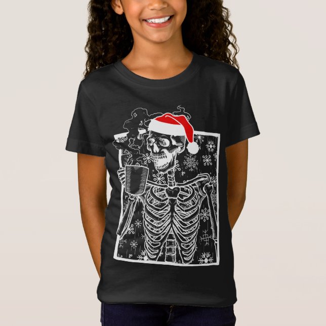 Camiseta Esqueleto de Natal com bebendo Crânio Sorridente C (Frente)