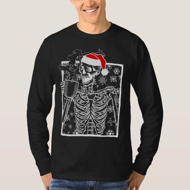 Camiseta Esqueleto de Natal com bebendo Crânio Sorridente C (Frente)