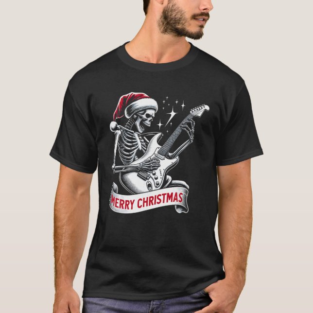 Camiseta Esqueleto De Natal Tocando Violão Rock E Roll Sa (Frente)