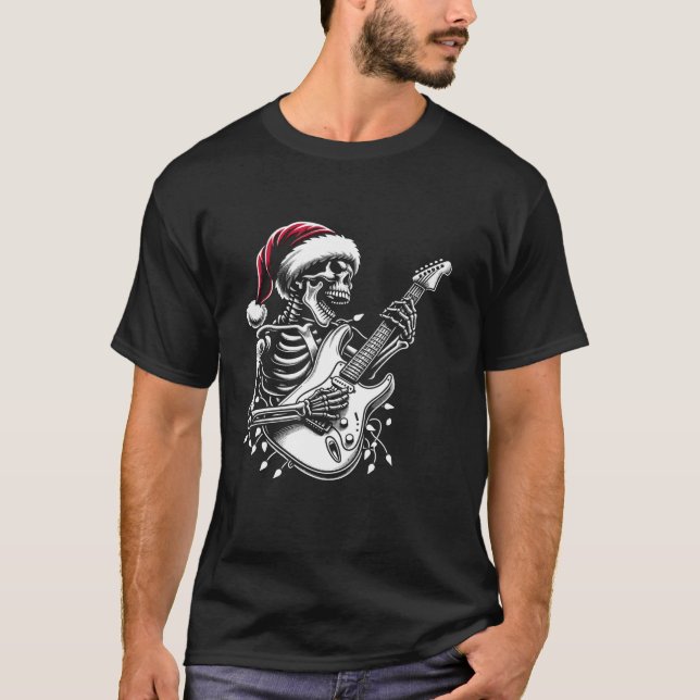 Camiseta Esqueleto de Natal Tocando Violão Santa Hat Violão (Frente)