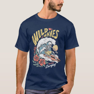 Camiseta Esqueleto de ondas selvagens num surfboard
