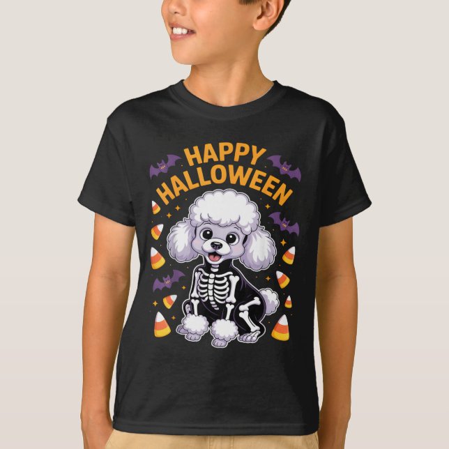 Camiseta Esqueleto de Poodle Feliz Halloween (Frente)