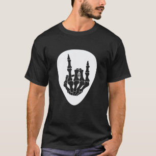 Camiseta Esqueleto de Rocknroll Mão Plectro de Guitarra Ret