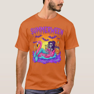 Camiseta Esqueleto de Sereia Retro Summerween Praia Flaming