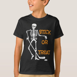 Camiseta Esqueleto de Stick ou Treat Hóquei no Gelo Hallowe