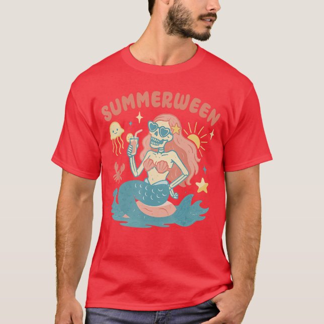 Camiseta Esqueleto de Summerween Mermaid Praia Flamingo Hal (Frente)