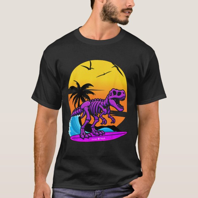 Camiseta Esqueleto de T-rex Surfando Neon Com Retrospectiva (Frente)