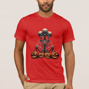 Camiseta Esqueleto de Três Cabeças e Abóboras Luminosas