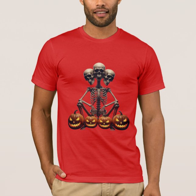 Camiseta Esqueleto de Três Cabeças e Abóboras Luminosas (Frente)