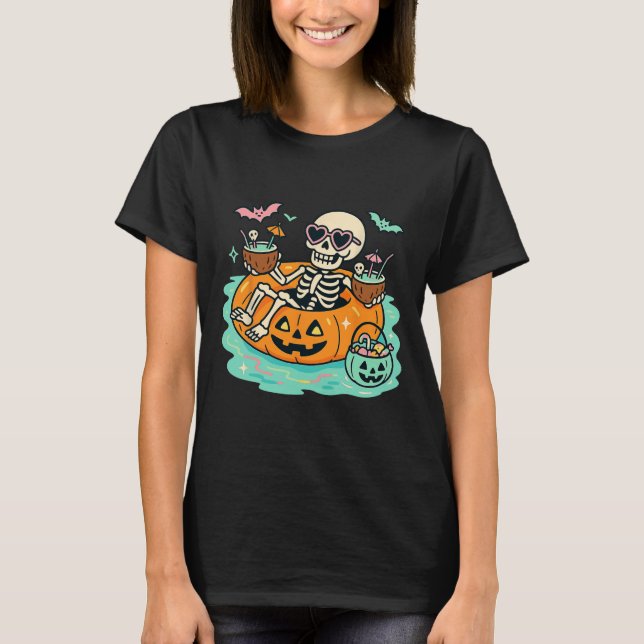 Camiseta Esqueleto De Verão Na Piscina De Pumpkin Float Cut (Frente)