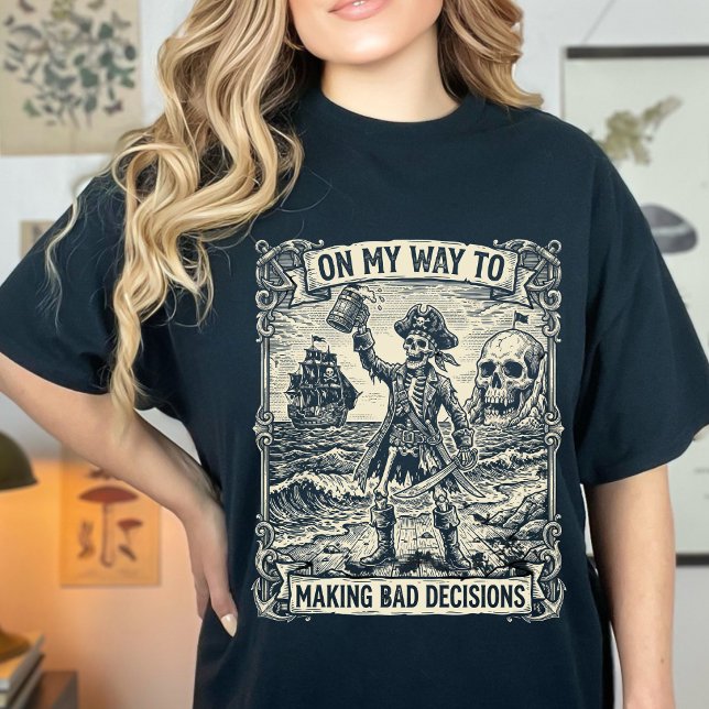 Camiseta Esqueleto Divertido a Caminho de Tomar Más Decisõe (Criador carregado)