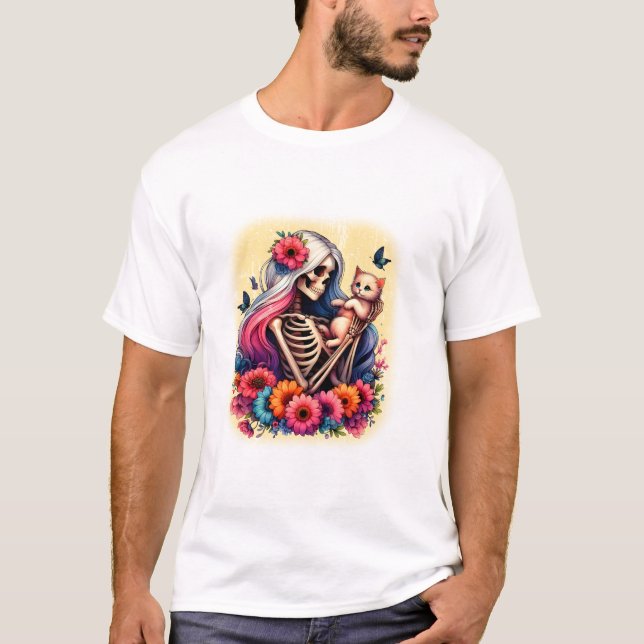 Camiseta Esqueleto E Gatinho Fofo (Frente)
