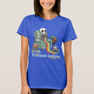 Camiseta Esqueleto e Gato Engraçados Procrasti-tricotando c