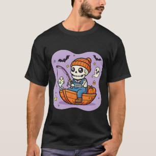 Camiseta Esqueleto Em Barco Fofo Divertido Humor De Pesca D